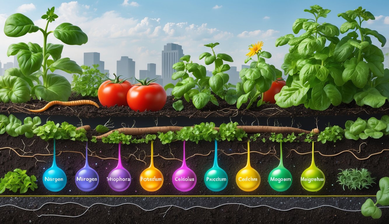 Cross-section of rich urban garden soil with roots and nutrients, healthy plants growing above, and city buildings in the background.