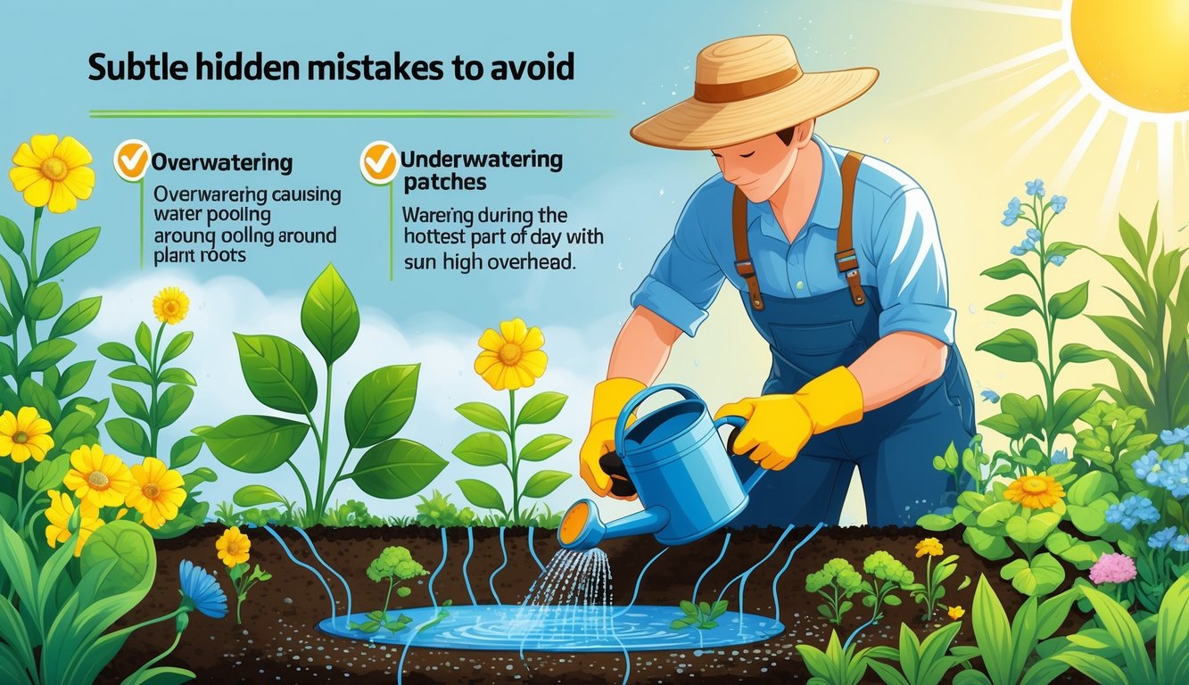 A gardener watering plants in a summer garden, showing healthy and distressed plants with water pooling and dry soil patches under bright sunlight.