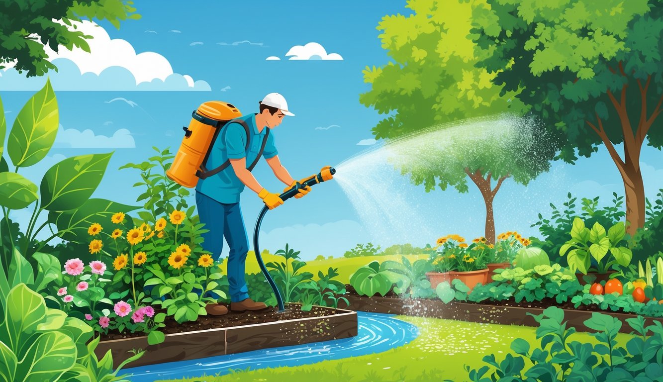 A gardener watering healthy plants in a vibrant summer garden using a fine mist, with some areas showing common watering mistakes like puddles and dry soil.