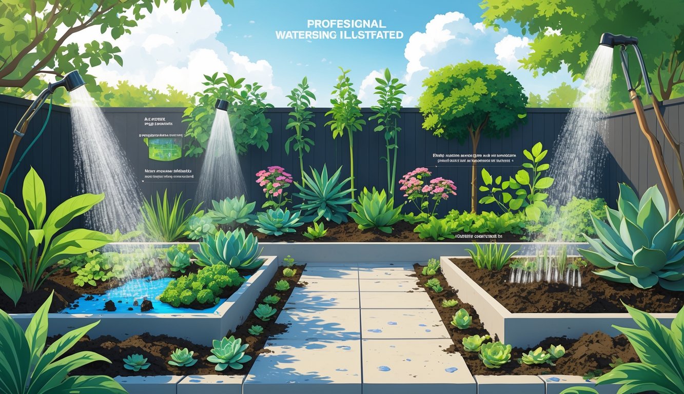 A garden scene showing different types of plants being watered with appropriate methods, including misting, deep watering, and drip irrigation, alongside examples of common watering mistakes.