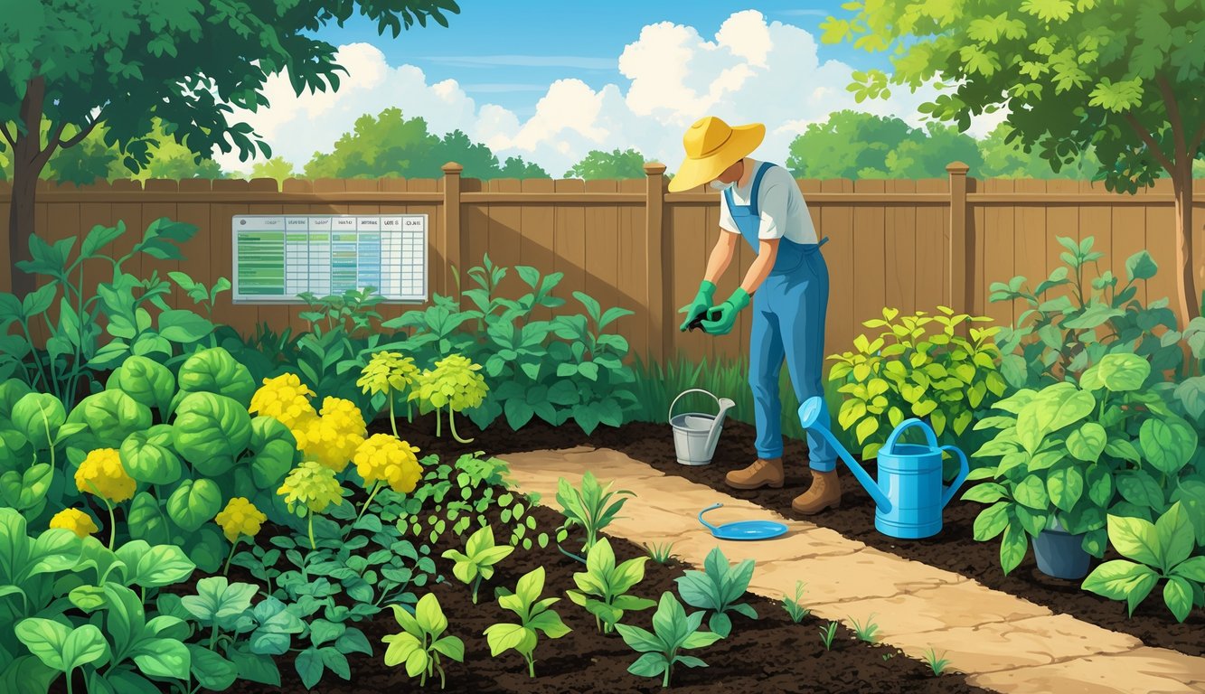 A gardener inspects a summer garden showing healthy plants alongside others with signs of improper watering like yellow leaves and dry soil.