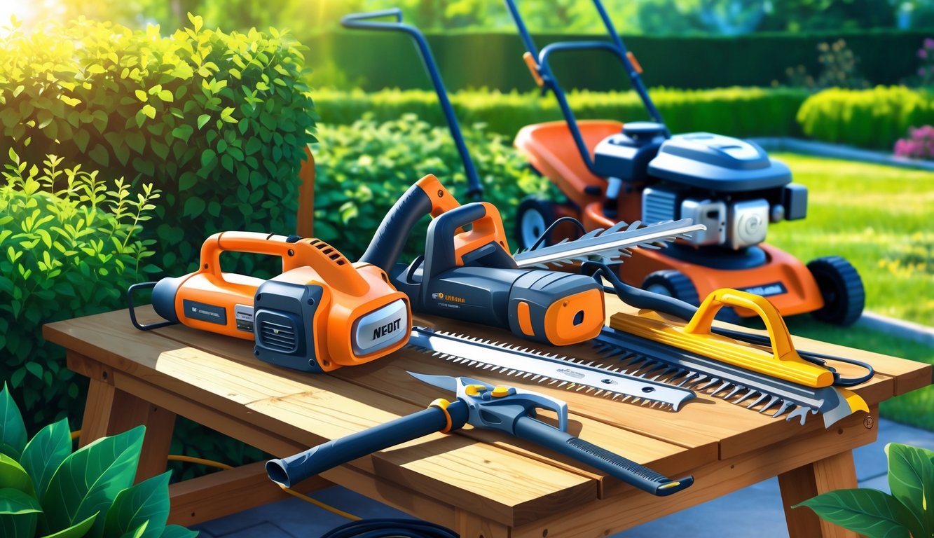 A variety of landscaping tools arranged on a wooden workbench outdoors with green plants and trimmed bushes nearby.