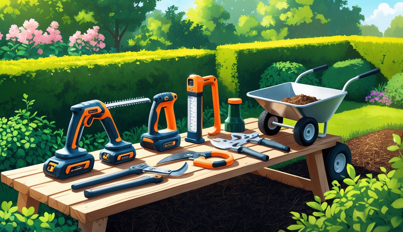 A collection of advanced landscaping tools arranged on a wooden bench outdoors with trimmed bushes and a garden in the background.
