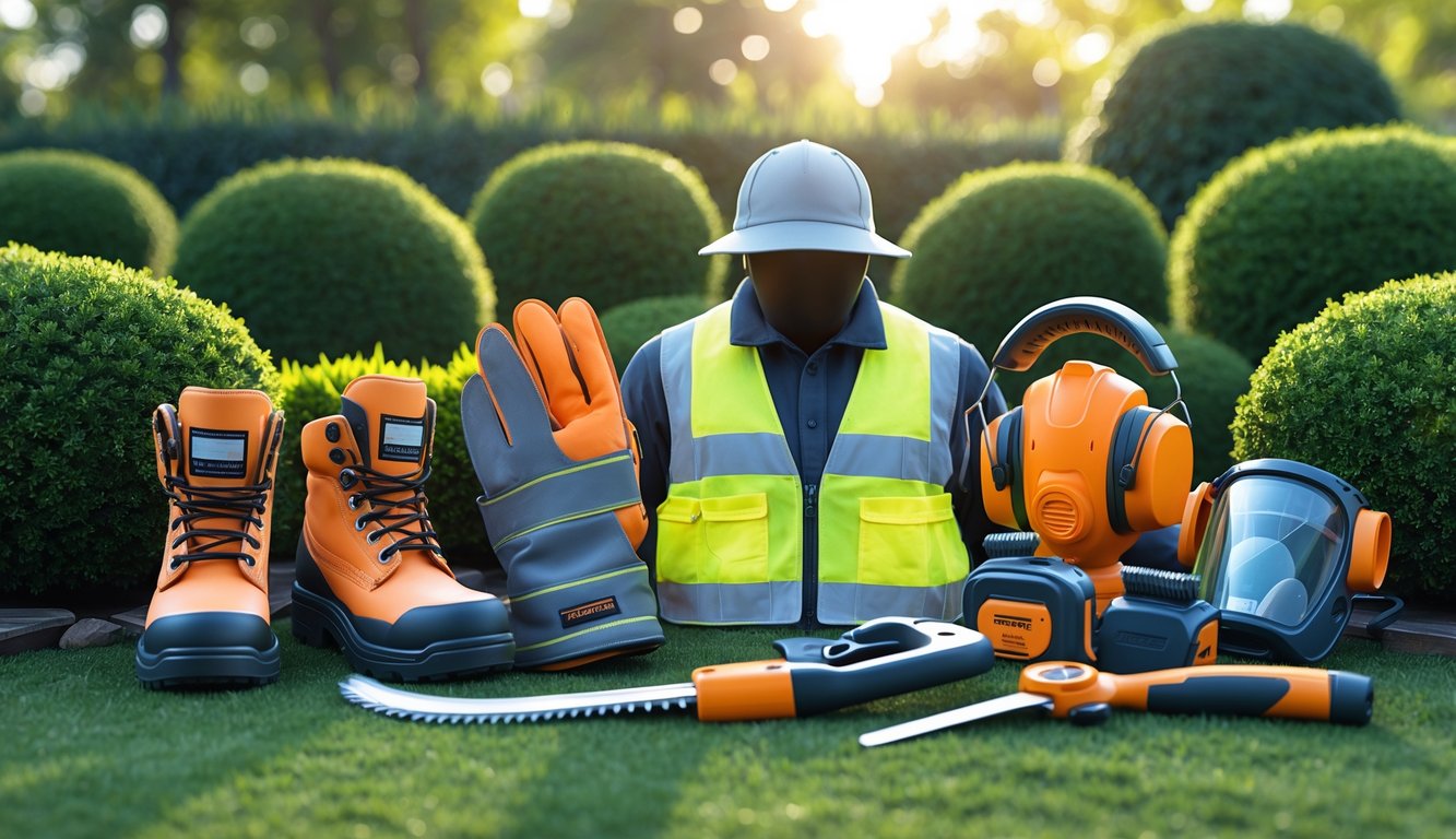 A collection of landscaper safety gear and tools including gloves, safety vest, boots, goggles, hat, earmuffs, face mask, leaf blower, pruning shears, and hedge trimmer arranged outdoors near a trimmed garden.