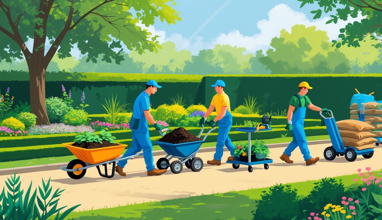 Landscapers working outdoors using wheelbarrows, hand trucks, and utility carts to move soil, plants, and gardening supplies in a garden setting.