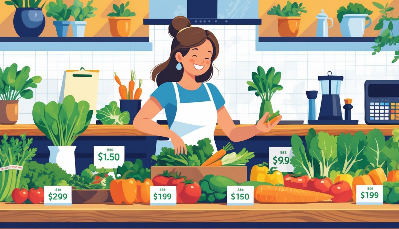 A person selecting fresh vegetables on a kitchen counter with a shopping list and calculator nearby.