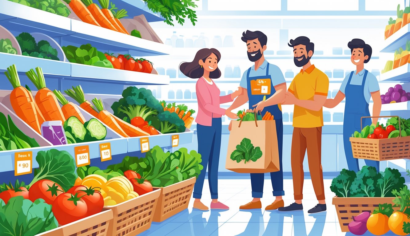 A family shopping for fresh vegetables at a grocery store, choosing colorful produce and comparing prices while a store employee helps them.