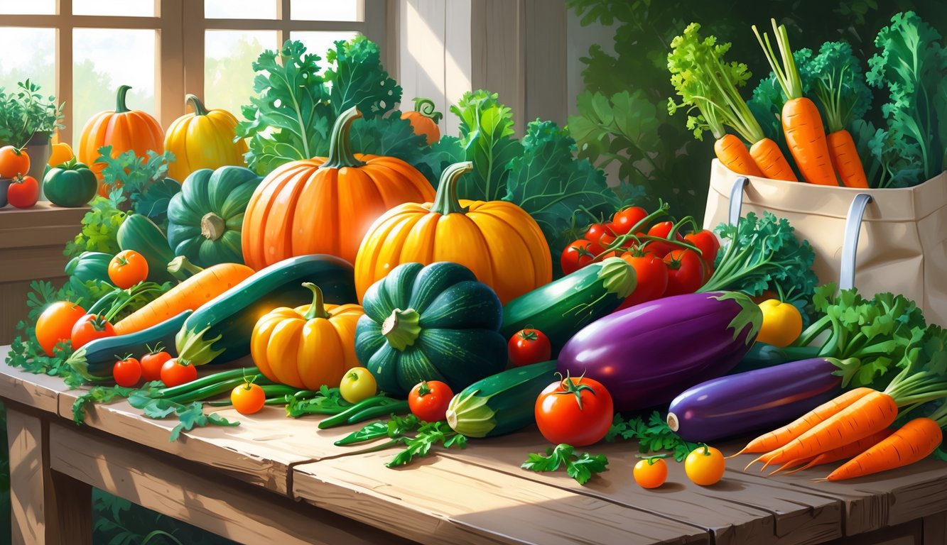 A colorful assortment of fresh seasonal vegetables arranged on a wooden table with natural light shining through a window, alongside a reusable shopping bag filled with vegetables.