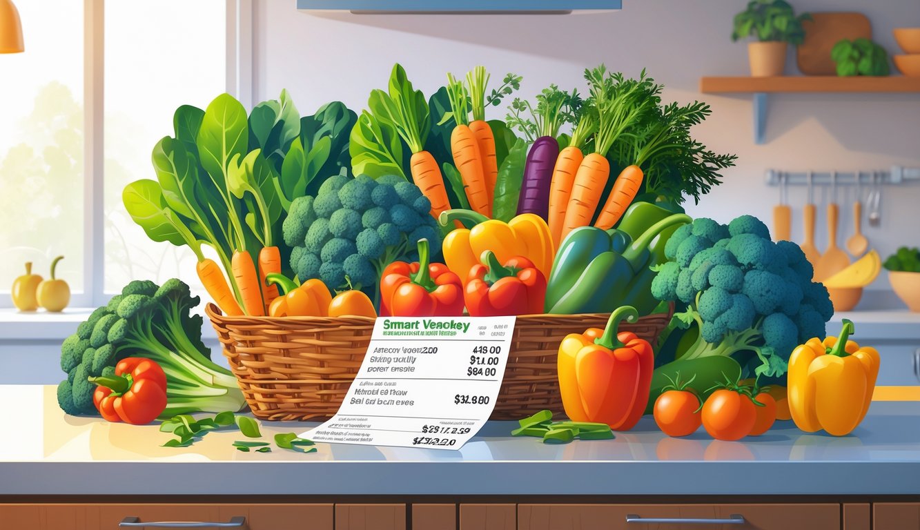 A kitchen countertop with a basket of fresh vegetables and a grocery receipt, suggesting healthy eating and saving money.
