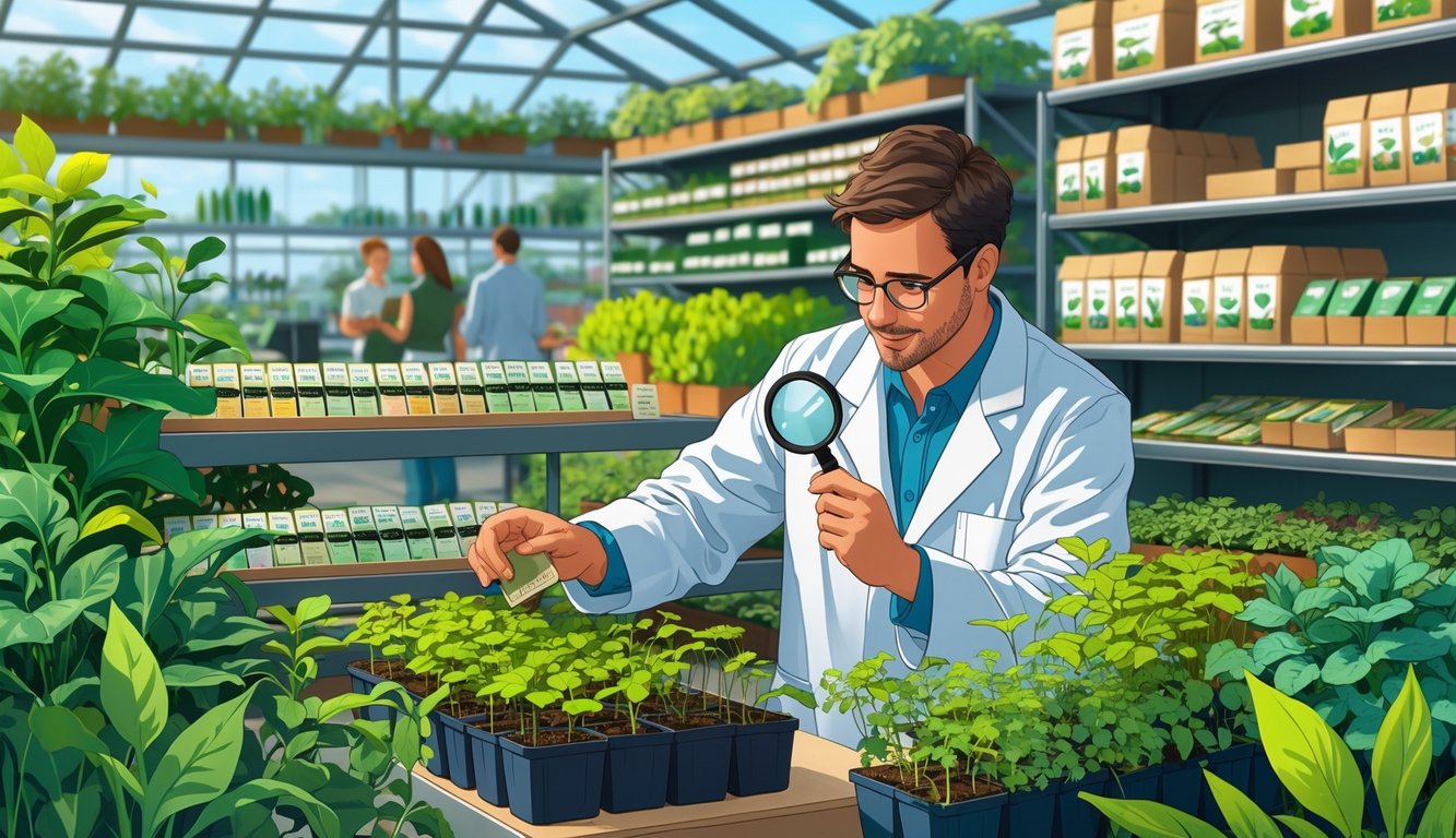 A botanist in a greenhouse examining seed packets with shelves of seeds and a retail store in the background.