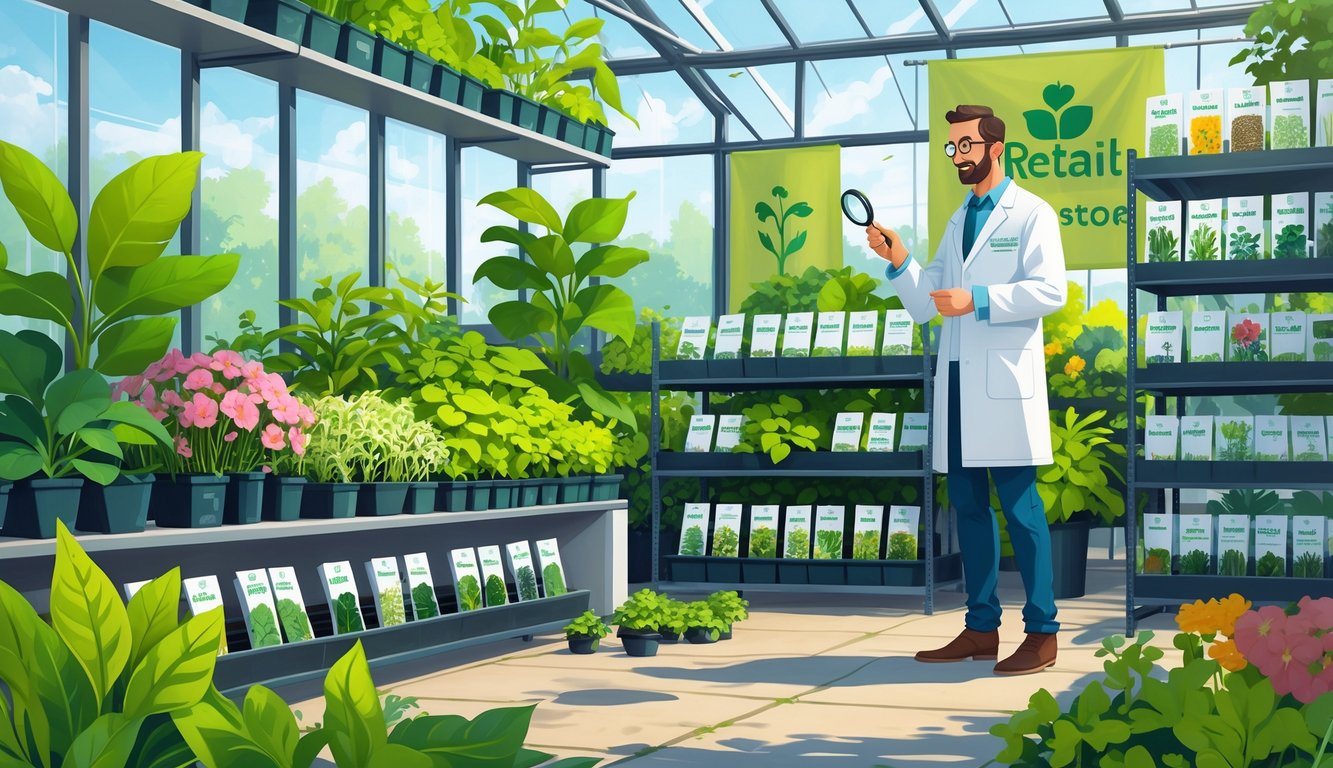 A botanist in a greenhouse examining seed samples with plants and seed packets around, with retail store logos visible in the background.