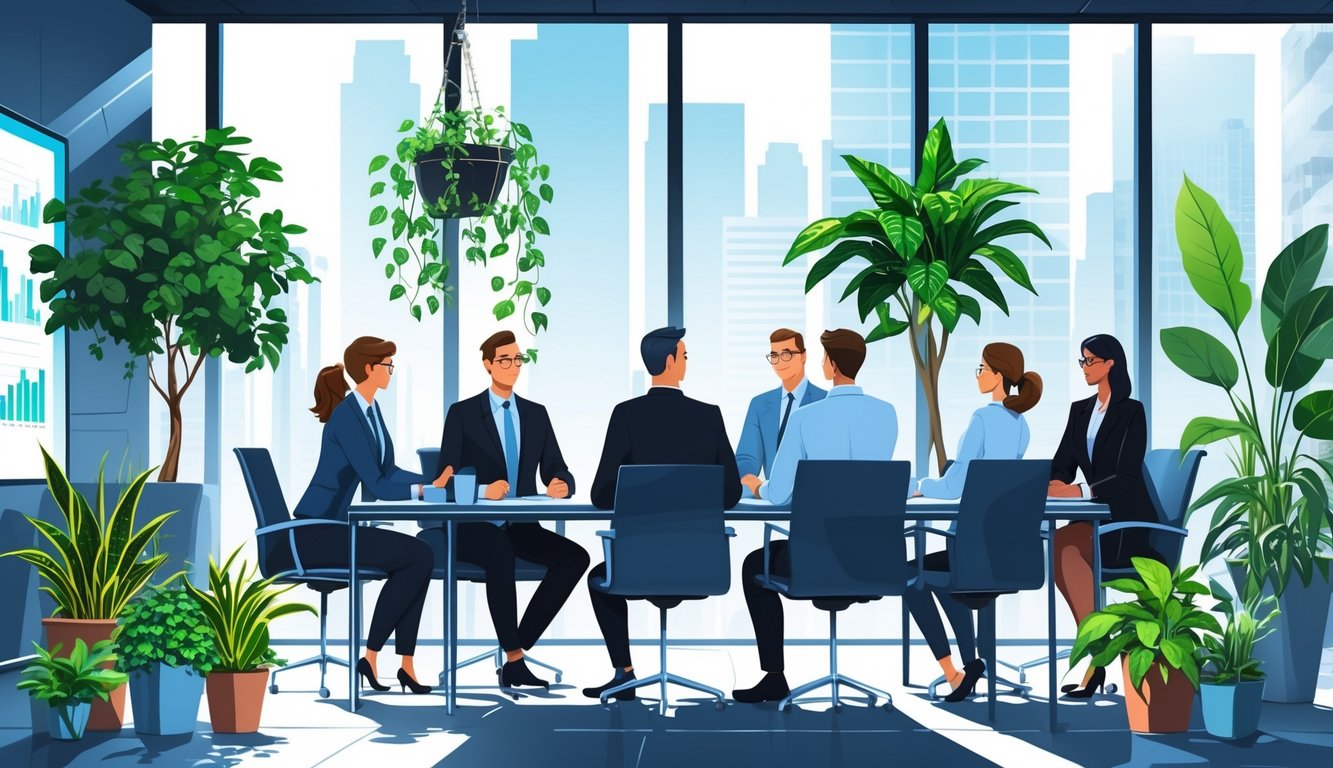 A group of financial advisors discussing around a conference table with various healthy houseplants placed on and near the table in a bright office with city views.
