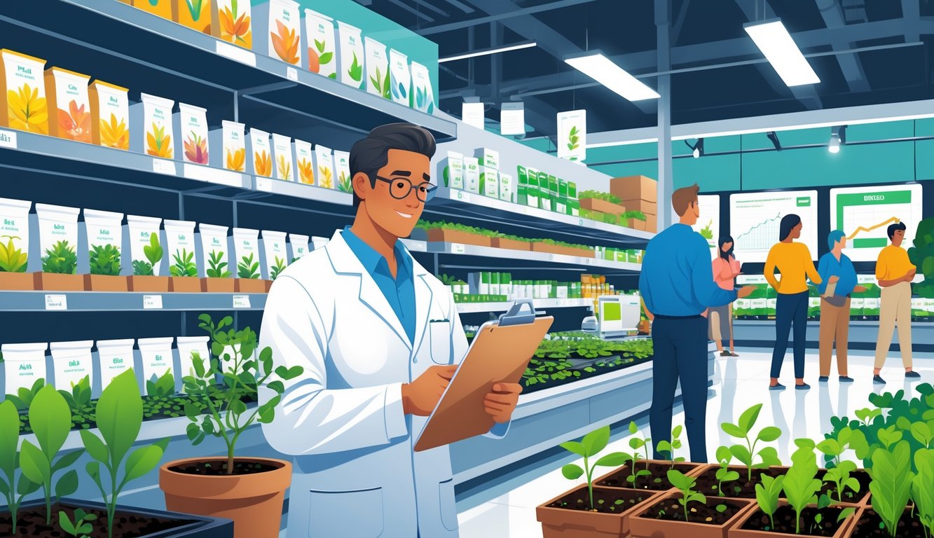 A botanist examines seed packets in a busy retail store with shelves full of seeds and customers shopping nearby.