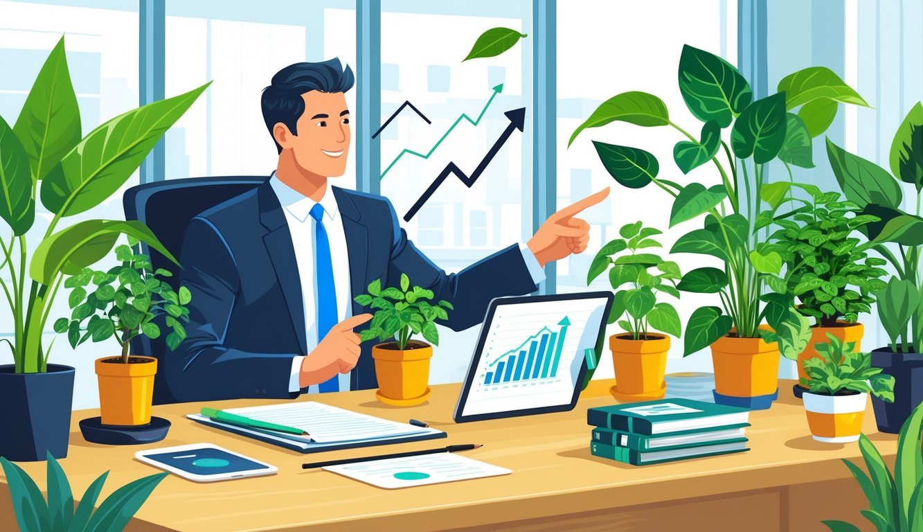 A financial advisor in an office discussing investment strategies with a client, surrounded by healthy houseplants symbolizing growth.