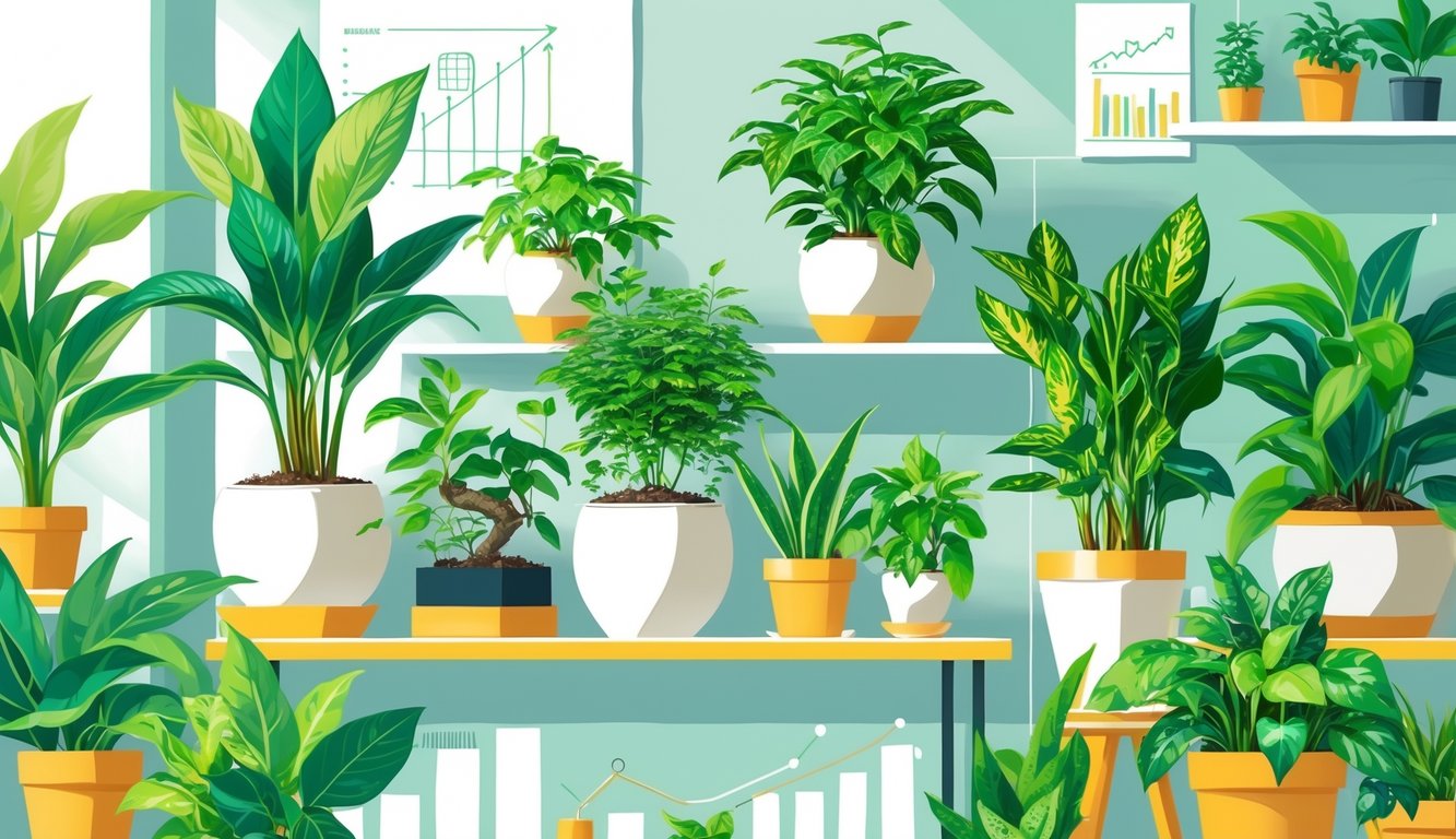An indoor scene with various healthy houseplants displayed on shelves and tables, symbolizing growth and financial success.