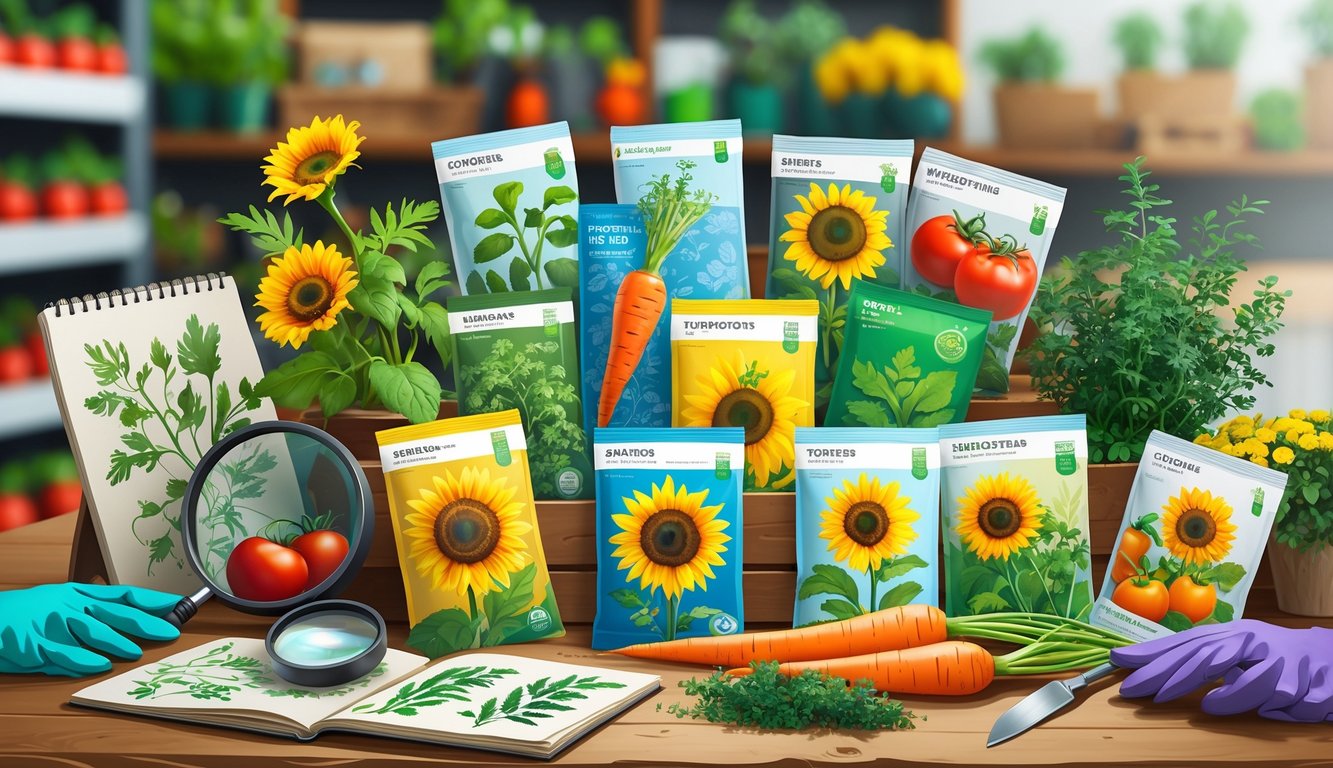 An assortment of seed packets featuring various plants arranged on a table with gardening tools and a retail shelf in the background.