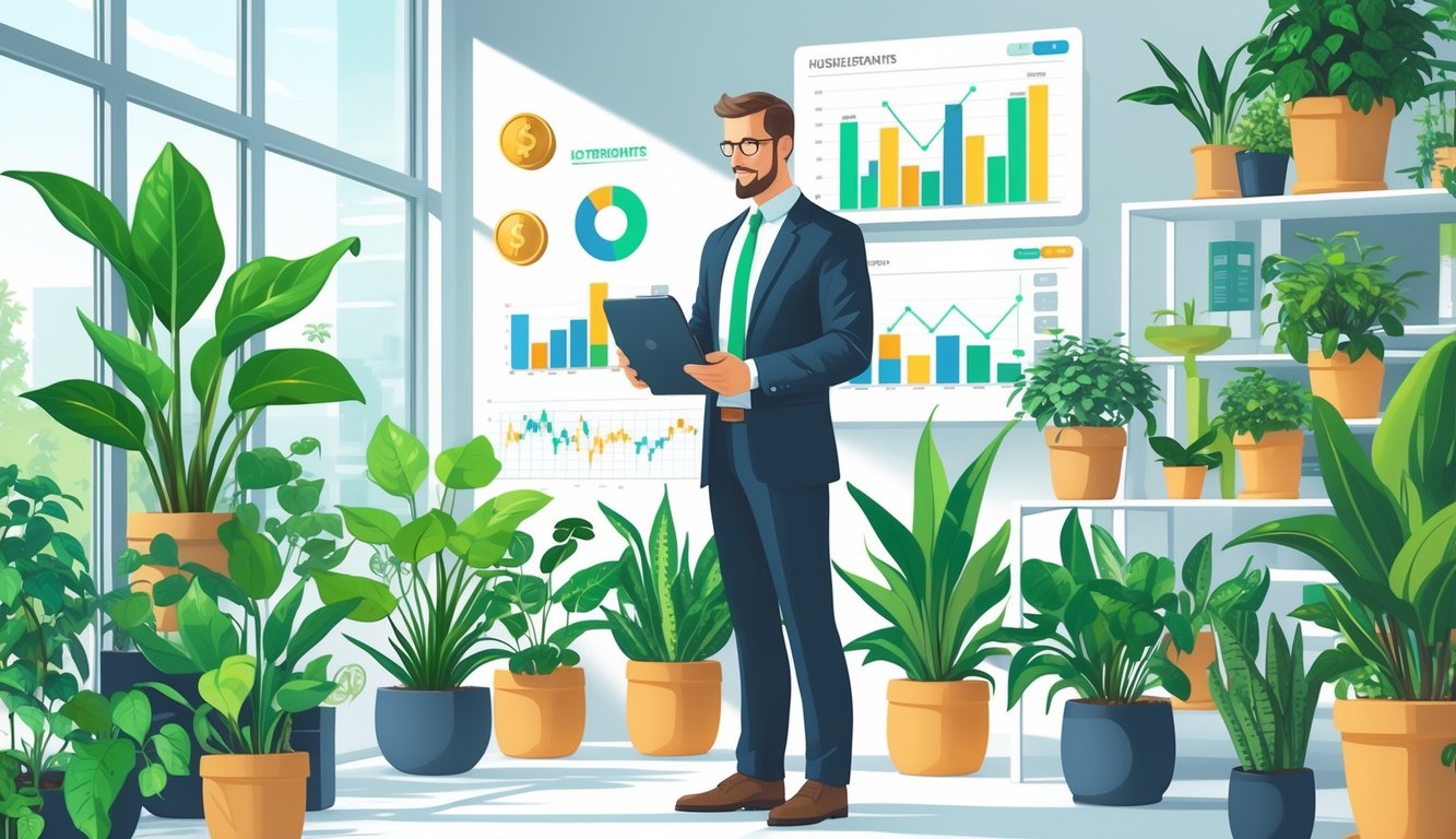 A modern indoor scene with various healthy houseplants and a financial advisor reviewing charts on a tablet, symbolizing investment and growth.