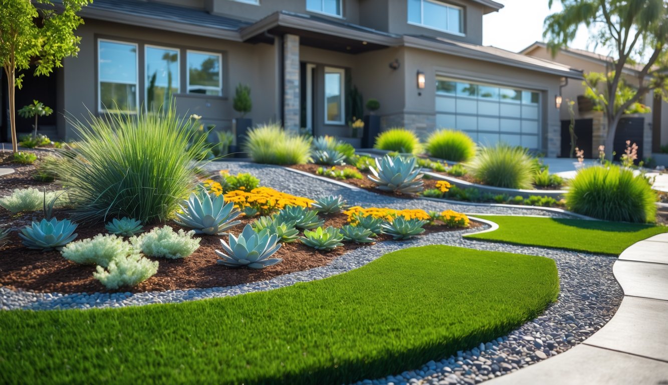A front yard of a suburban home with drought-resistant plants, gravel pathways, artificial turf, and native wildflowers replacing a traditional lawn.