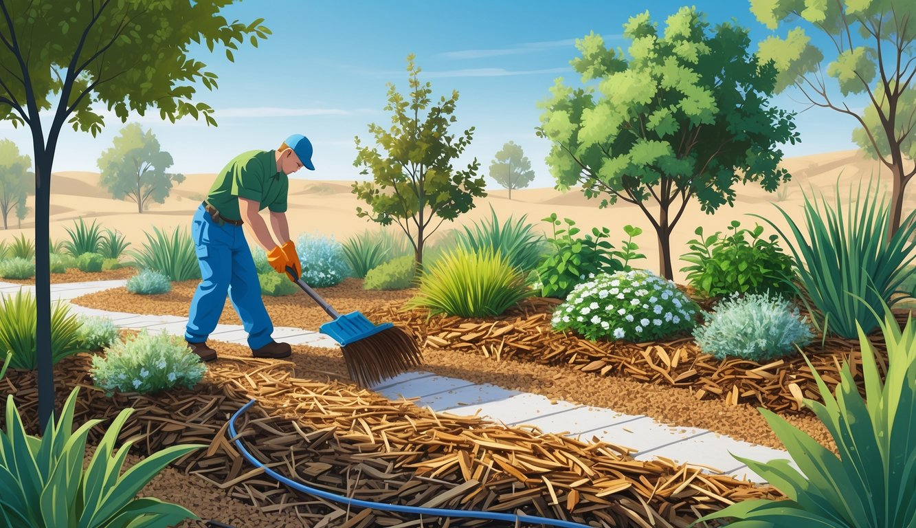 A landscaper spreading natural mulch around plants in a garden with drought-resistant vegetation and a drip irrigation system.