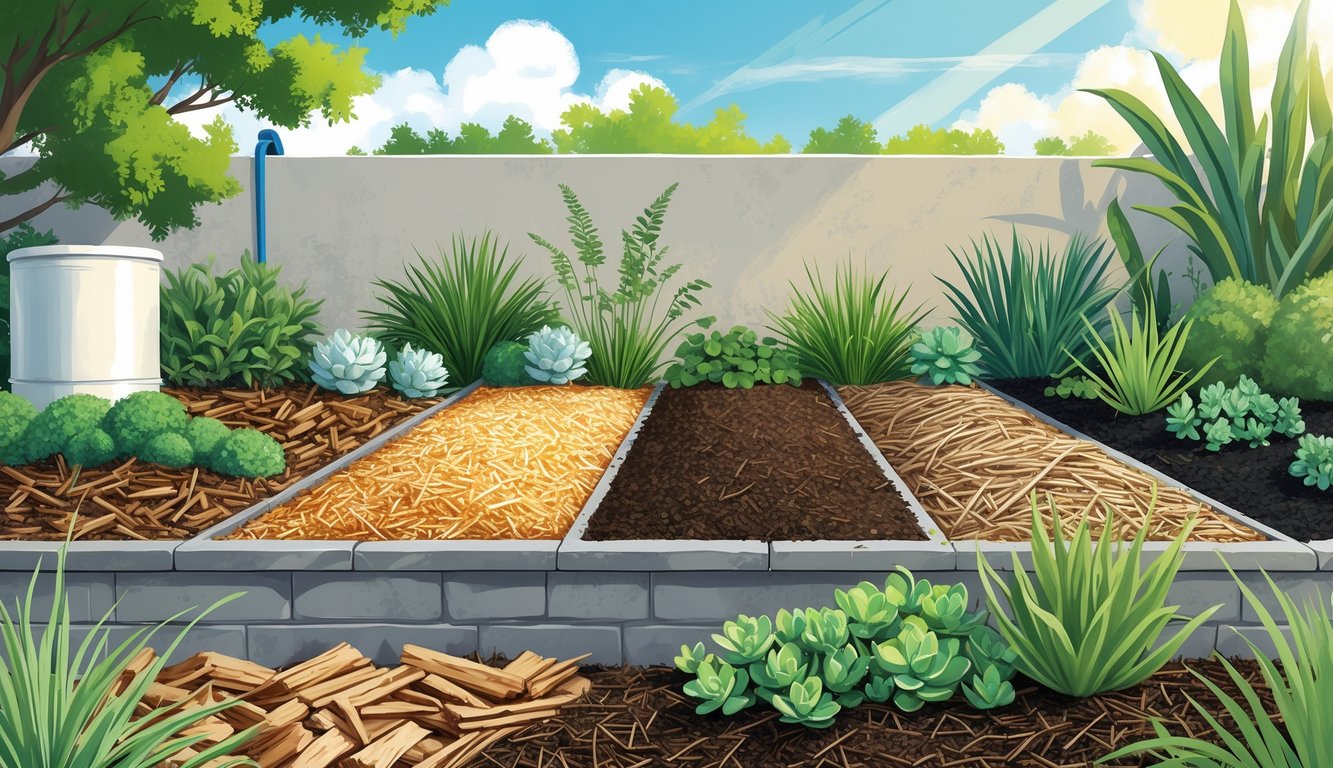 A garden bed divided into sections showing different types of eco-friendly mulch with drought-tolerant plants growing above them.
