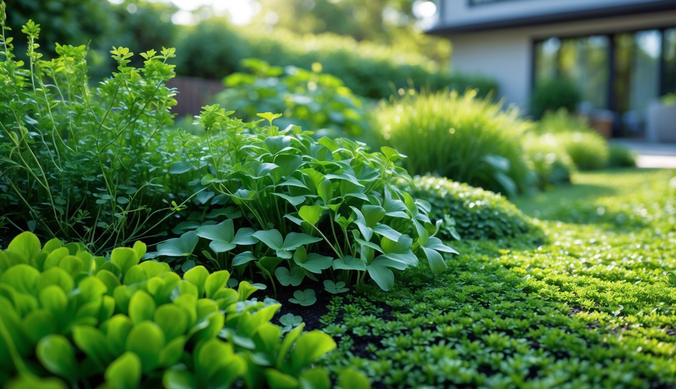 Close-up of various green ground cover plants forming a dense, lush carpet in a residential backyard.