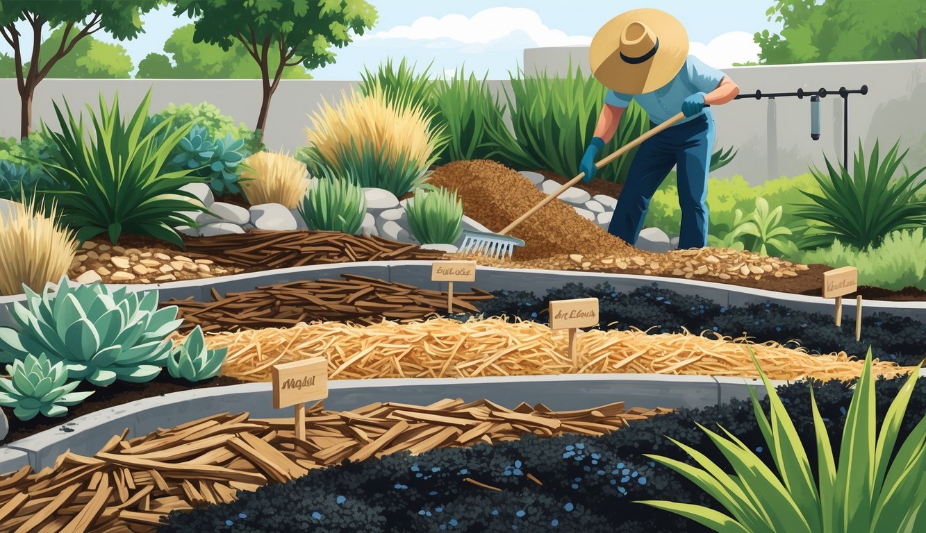 A landscaper spreading mulch around drought-tolerant plants in a garden with different types of mulch and water-saving tools visible.