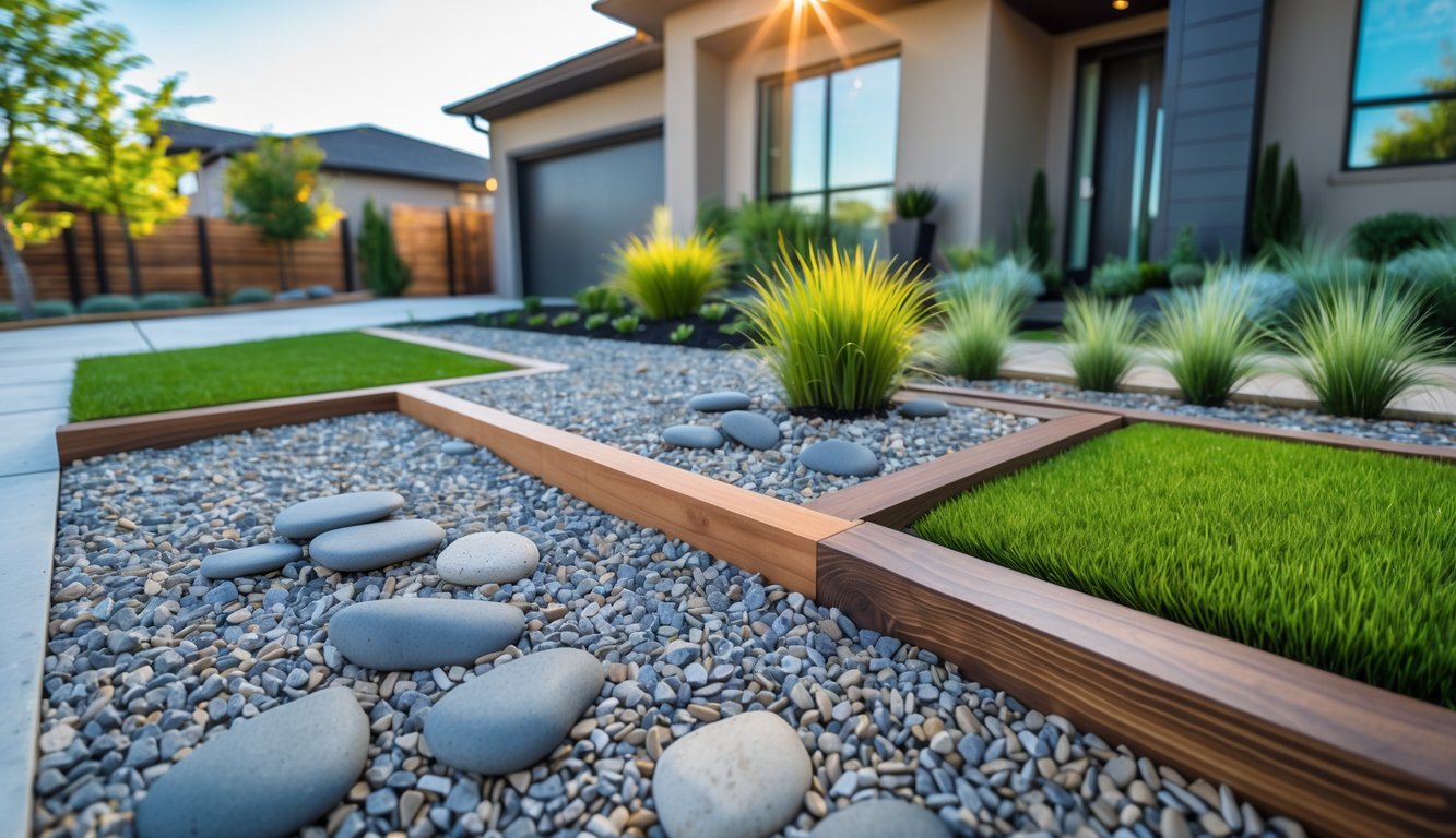 A residential front yard with gravel, mulch, and decorative stones replacing grass, surrounded by low-maintenance plants and a modern house in the background.