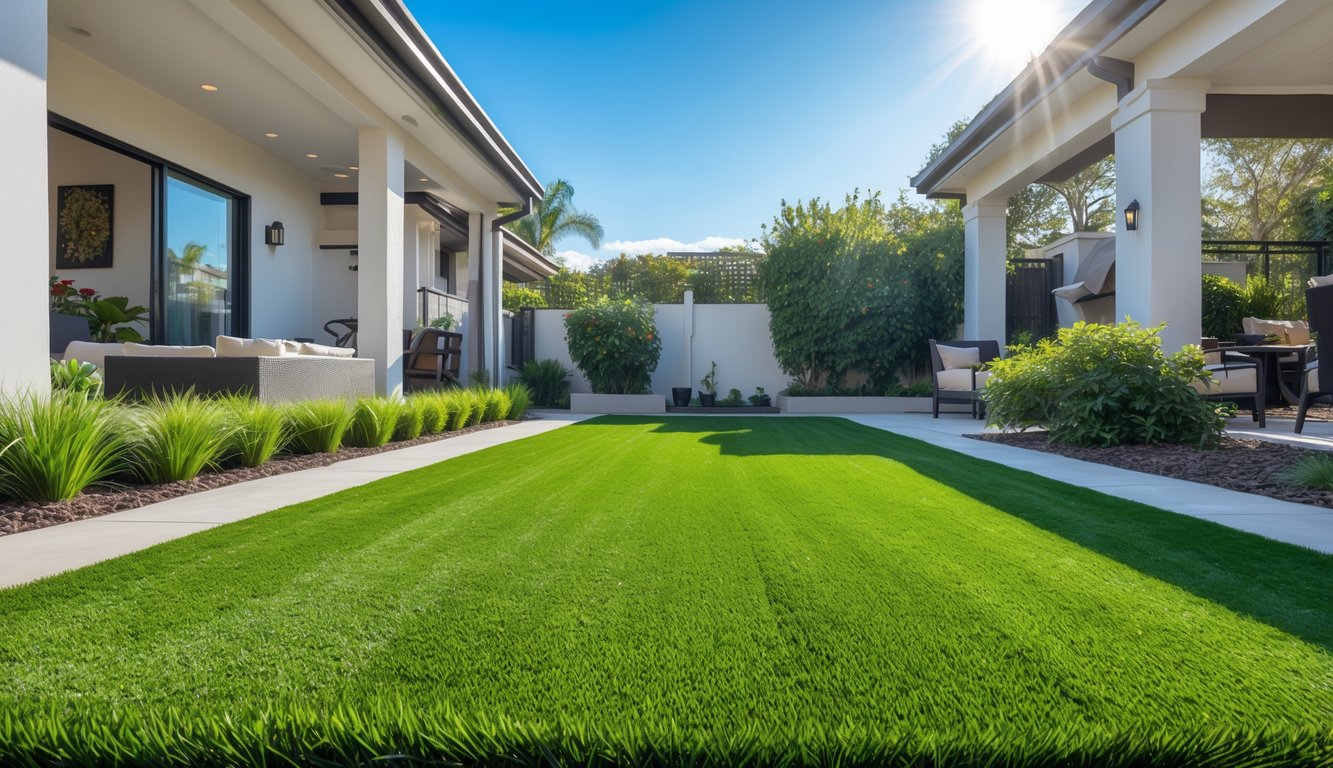 A residential backyard with a well-maintained artificial turf lawn, surrounded by a modern house, garden plants, and outdoor furniture.