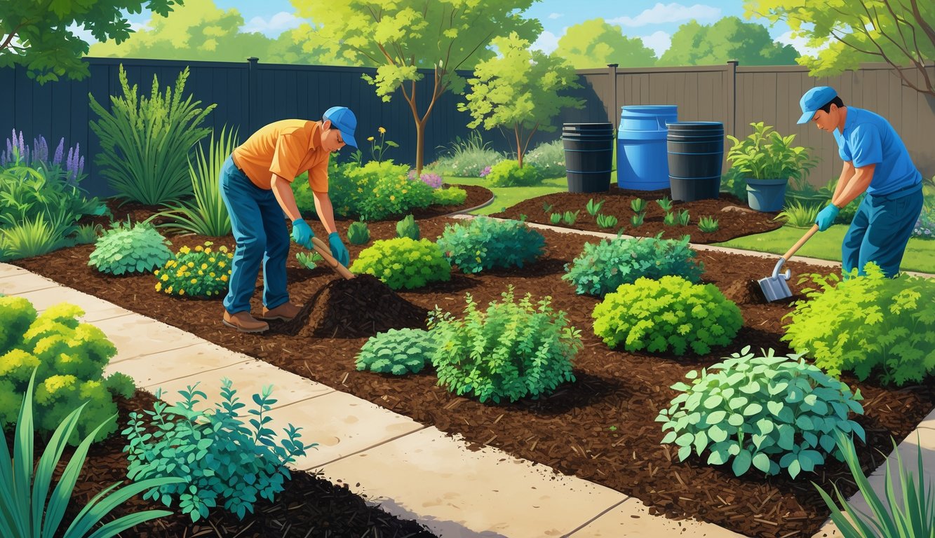 Landscapers applying natural mulch around drought-resistant plants in a garden with healthy soil and eco-friendly gardening tools.