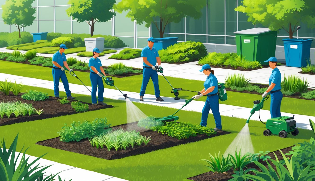 Groundskeepers using modern weed control tools to maintain a healthy, weed-free lawn and garden.