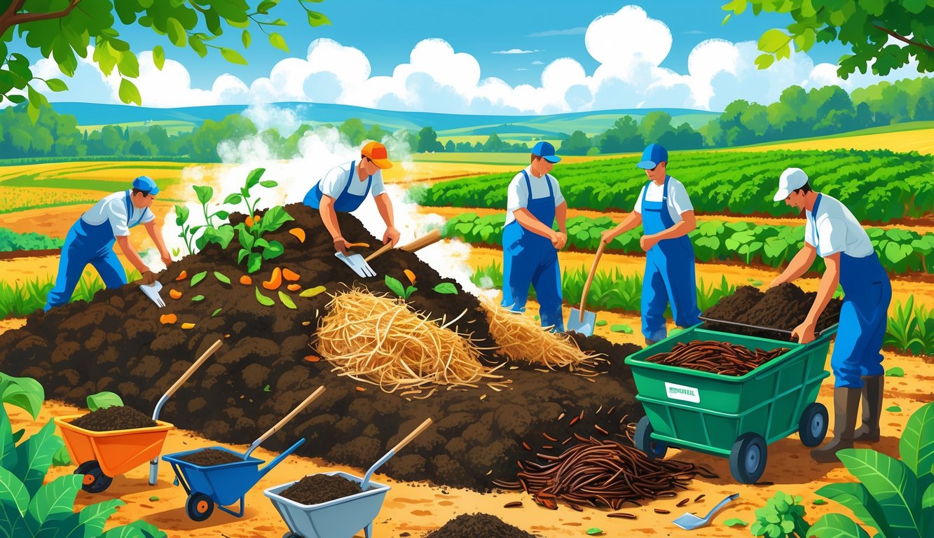 Farmers working together on a farm using different composting methods, including turning compost piles and managing a worm bin, surrounded by crops and farming tools.