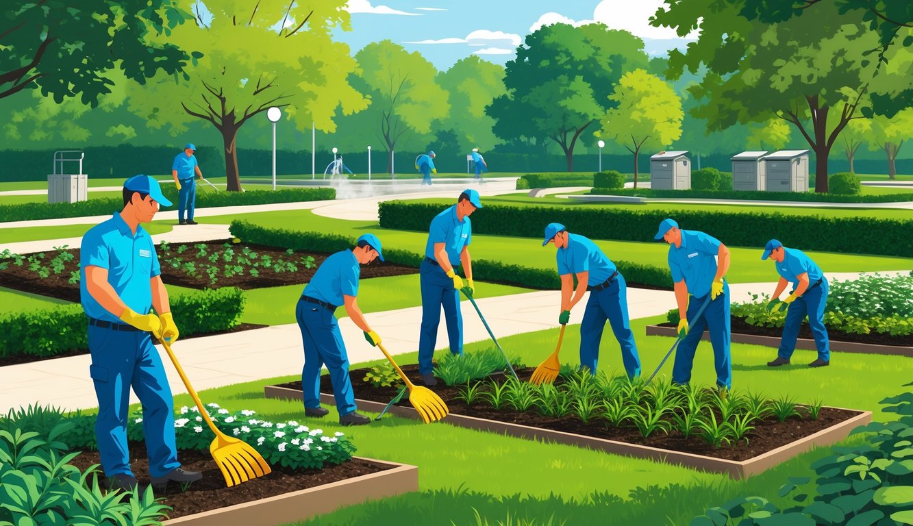 Groundskeepers working together in a landscaped park, removing weeds and tending to plants to prevent weed growth.