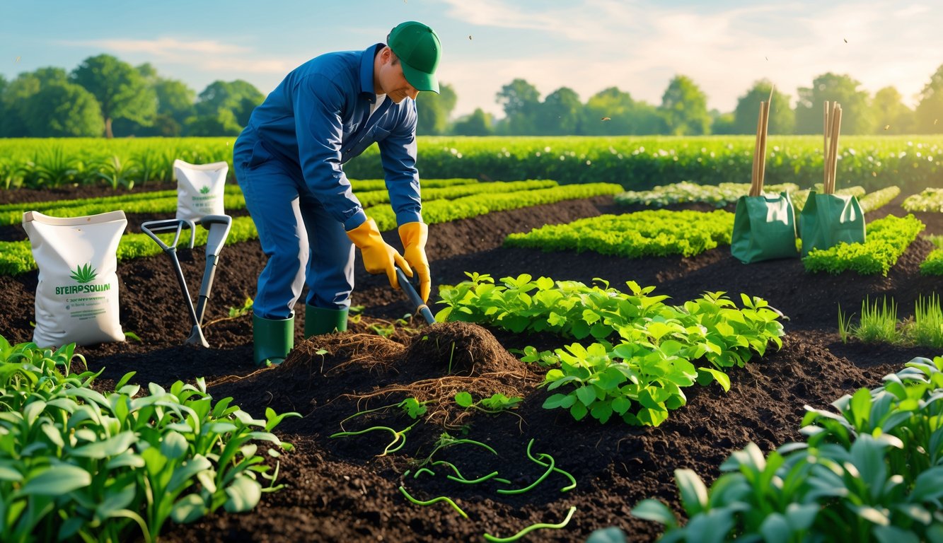 A groundskeeper applying mulch around plants in a healthy garden with rich soil and minimal weeds, using natural weed control methods.