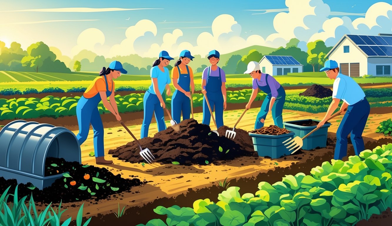 Farmers working together on compost piles using different composting methods on a farm with healthy crops and a farmhouse in the background.