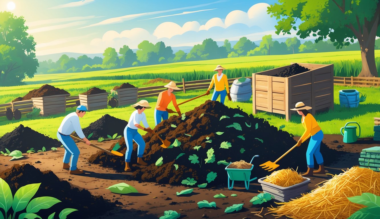 Farmers working together to manage compost piles on a farm with green fields and crops in the background.