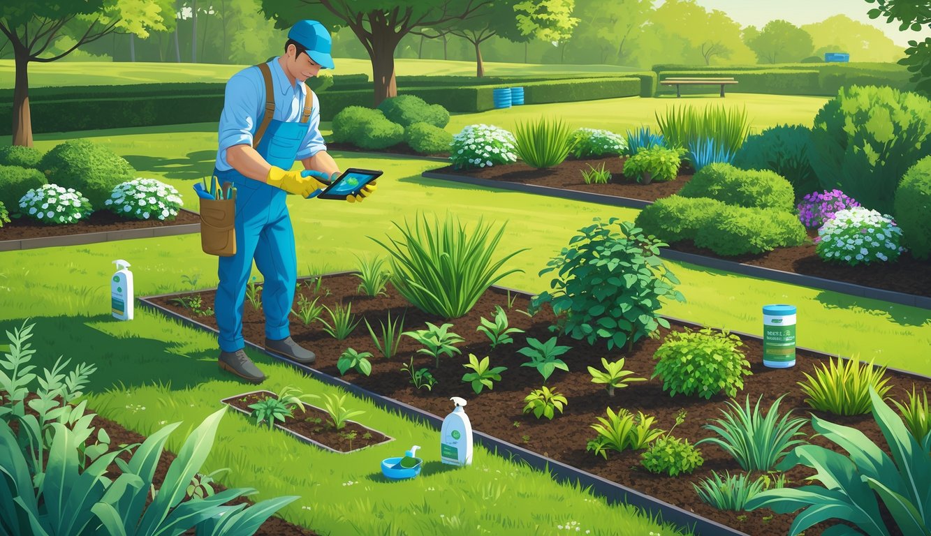 A groundskeeper in a garden identifying weeds among healthy plants using a digital device and modern gardening tools.