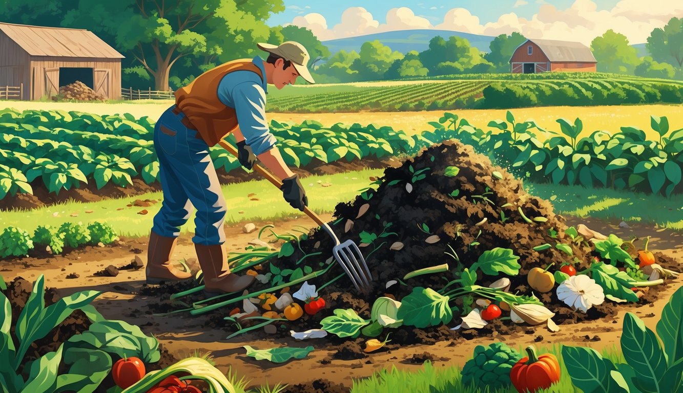 A farmer turning a compost pile with a pitchfork in a rural farm setting, surrounded by organic materials and growing crops.