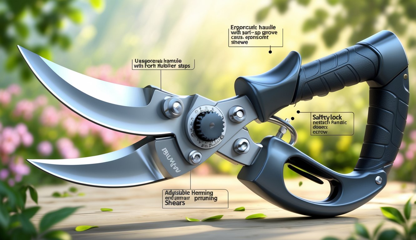 A pair of pruning shears with highlighted features including ergonomic handles, a sap groove, safety lock, and adjustable tension screw, set against a blurred garden background.