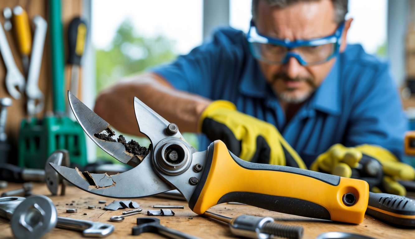 Close-up of a broken garden tool on a workbench with a person inspecting it in a workshop.