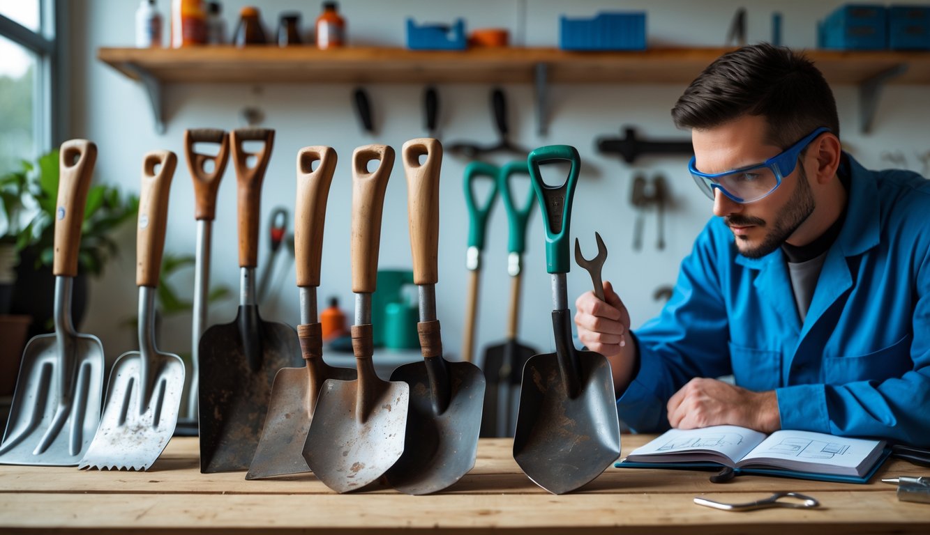 A mechanic inspects worn and broken garden tools on a workbench in a workshop filled with repair tools and parts.