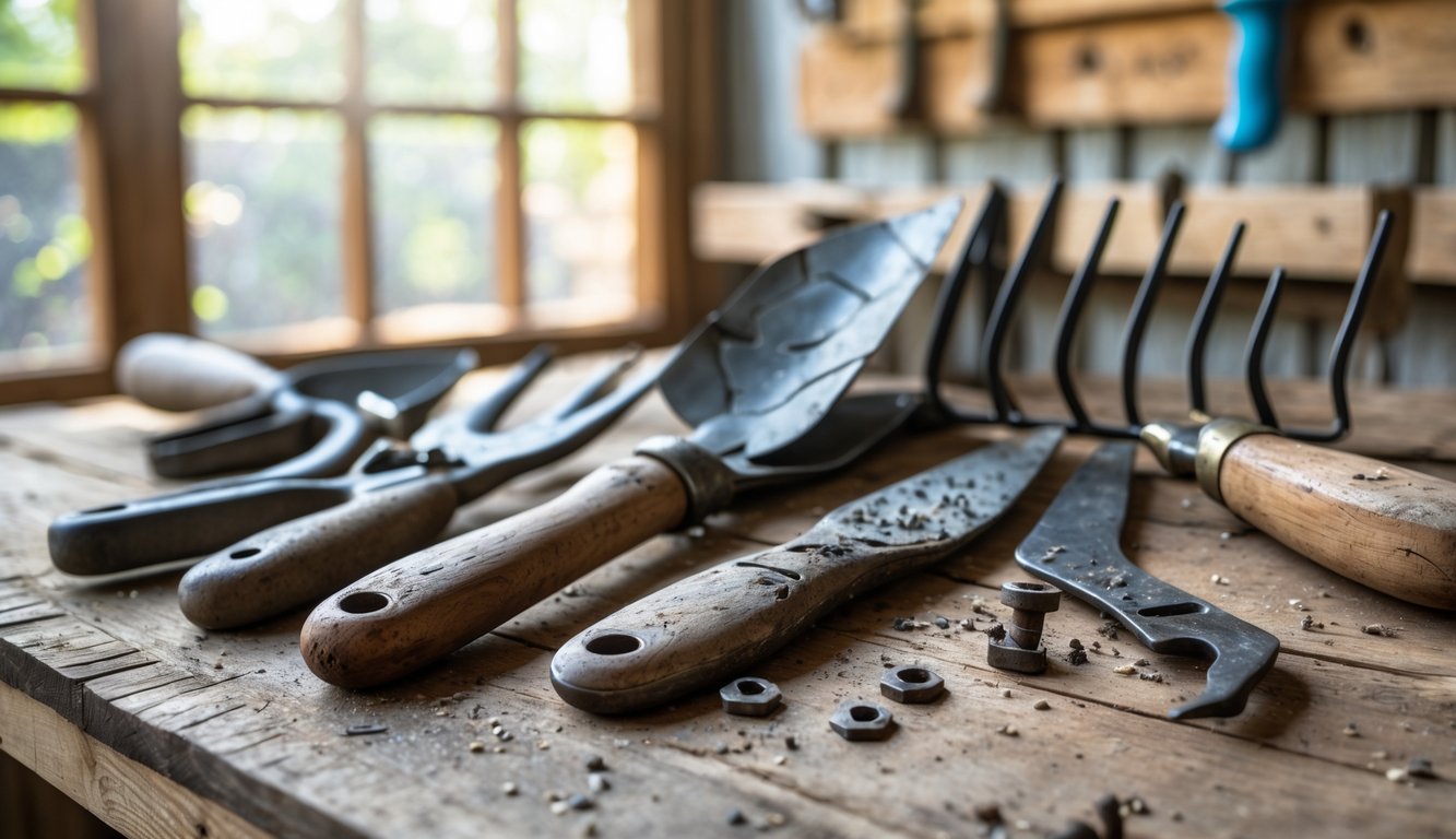 Close-up of worn garden tools with rust, cracks, and bent parts on a wooden workbench inside a gardening shed.