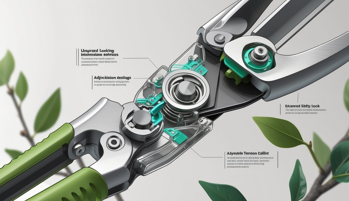 Close-up view of pruning shears showing internal locking mechanisms and ergonomic features, surrounded by leaves and branches.