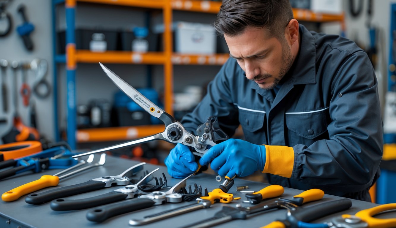 A mechanic inspecting and repairing garden tools on a workbench in a workshop.
