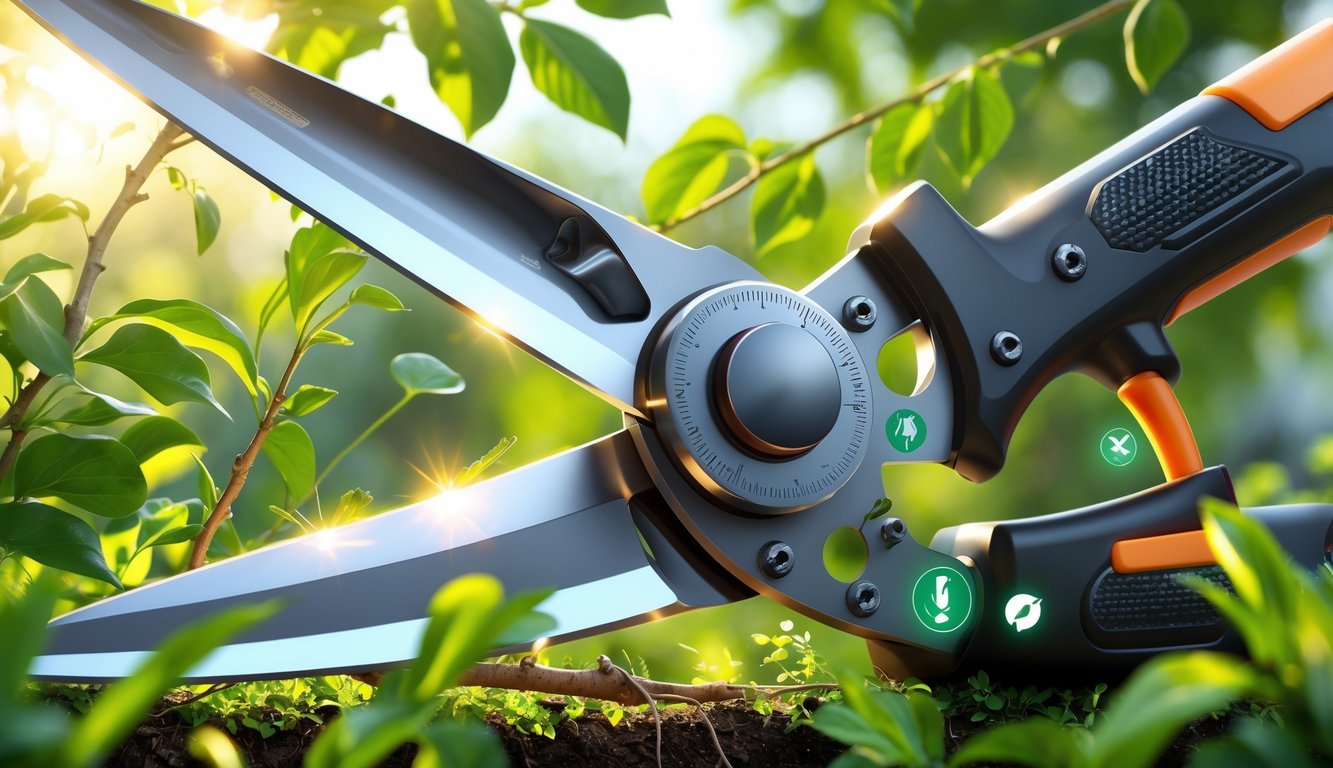 A pair of pruning shears cutting green branches in a garden setting with leaves and plants around.
