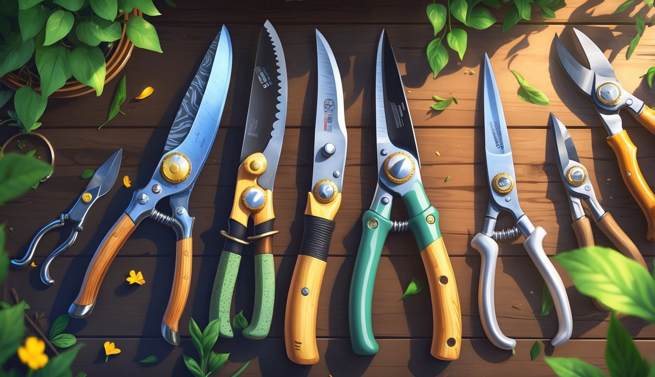 A variety of pruning shears with different blade shapes and handle materials arranged on a wooden table surrounded by green leaves and garden elements.