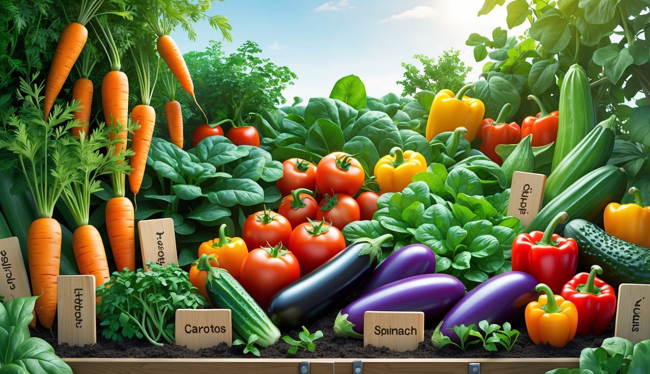A garden bed filled with a variety of fresh vegetables like carrots, tomatoes, spinach, eggplants, cucumbers, and bell peppers, with gardening tools nearby under a clear sunny sky.