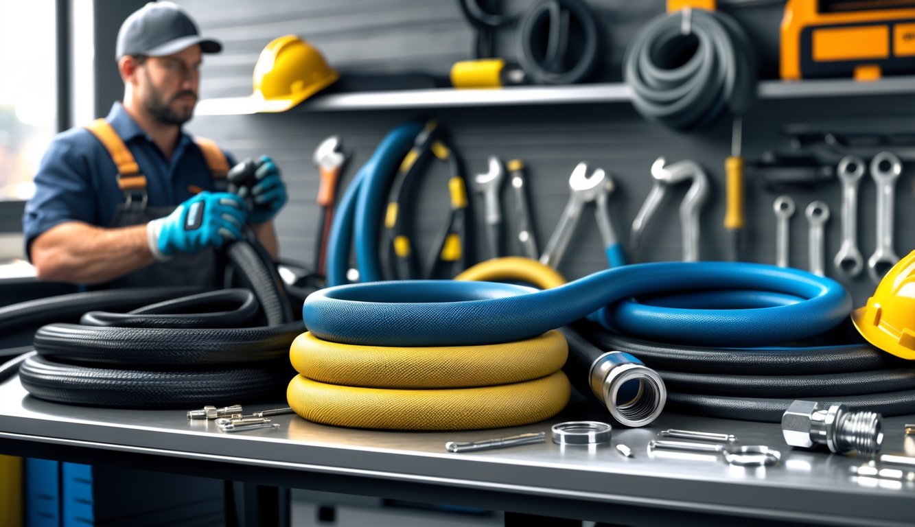 A contractor inspecting various durable hoses on a workbench in a workshop with construction tools in the background.