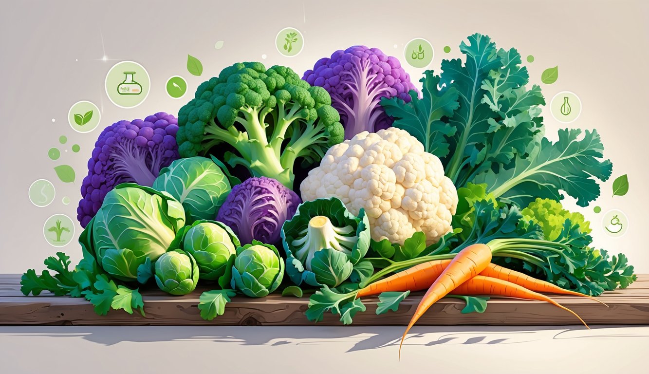 An assortment of fresh cruciferous vegetables including broccoli, Brussels sprouts, cauliflower, kale, and carrots arranged on a wooden table with subtle icons representing nutrition in the background.