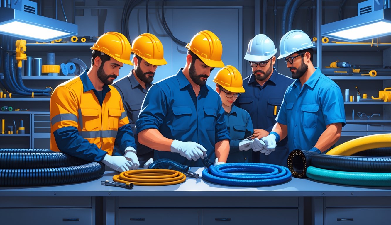 Contractors in safety gear inspecting different types of durable hoses on a workbench in an organized industrial workshop.