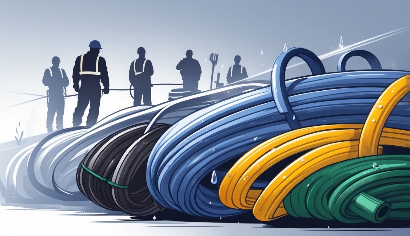 Several different garden hoses displayed side by side with contractors observing them in the background.
